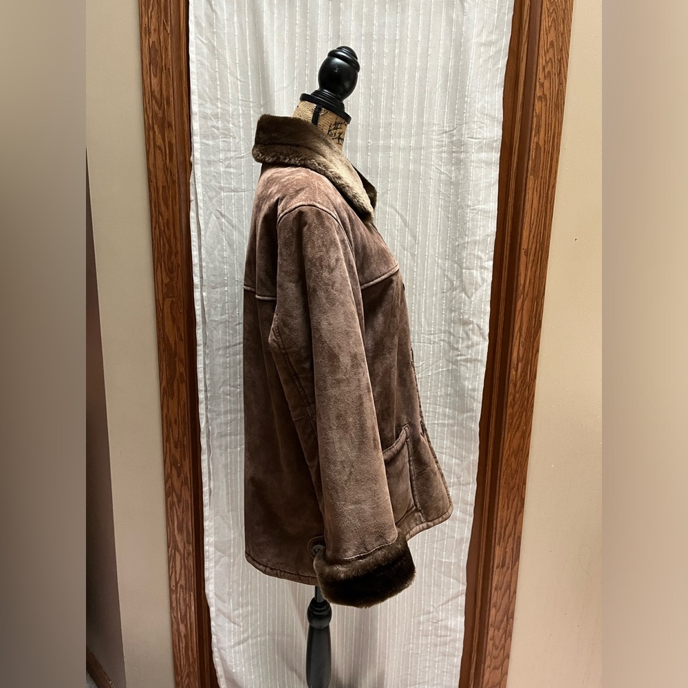 Dennis Basso Brown Faux Suede Fur Trim Coat S - Picture 2 of 8